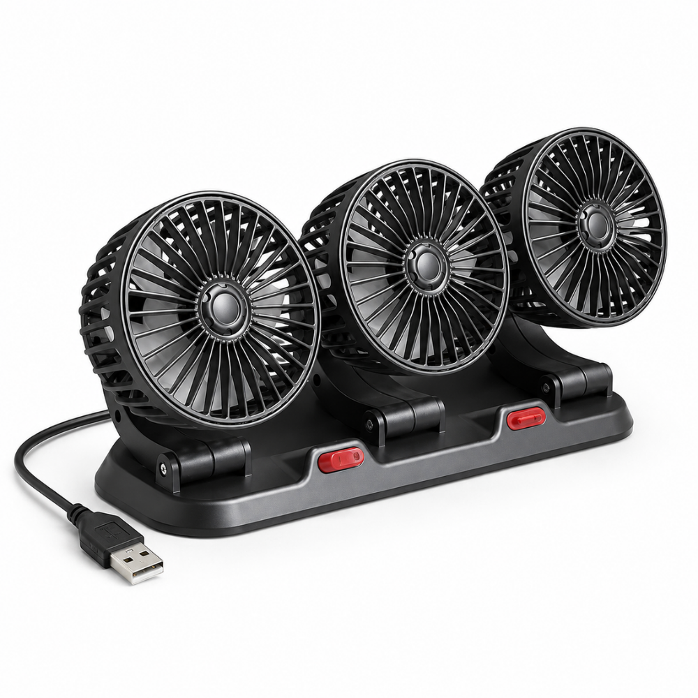 USB Car Fan – 3-Head 360° Rotating Cooling Fan for Cars